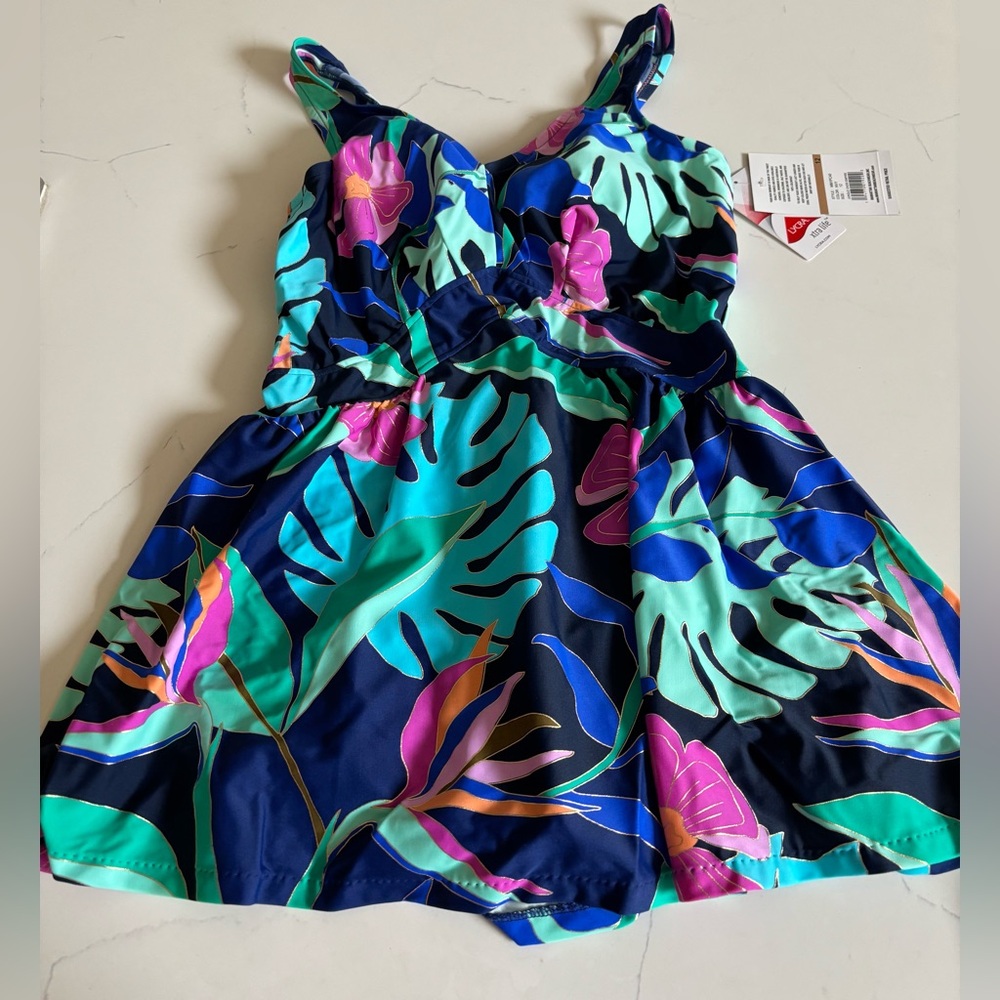 Maxine of Hollywood -Tropical Print one piece swimsuit with skirt-Size10